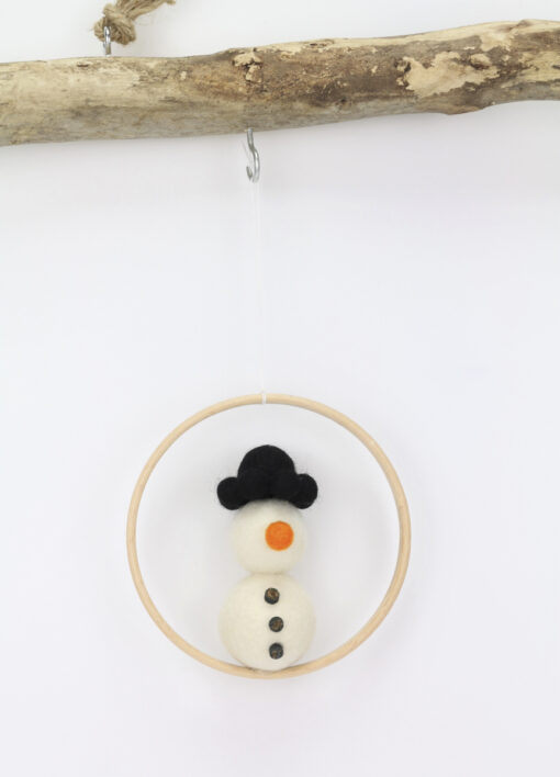 Schneemann im Holzring Weihnachtsdeko